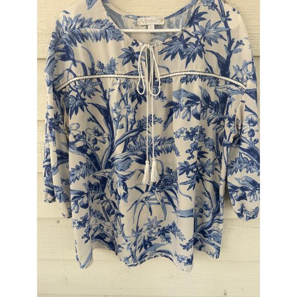 Weekend Suzanne Betro Blue Floral Blouse XL Boho Tie Neck Top - Picture 2 of 8